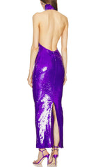 Halter Neck Sequin Midi Dress In Purple