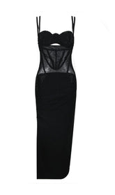 Mesh Corset Split Maxi Dress In Black