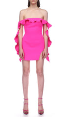 Pink Ruffled Off The-Shoulder Mini Bandage Dress