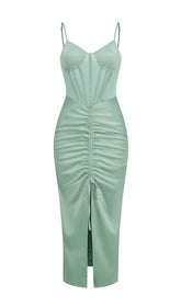 Green Satin SweeTheart Neck Corset Front Split Maxi Dress