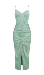 Green Satin SweeTheart Neck Corset Front Split Maxi Dress