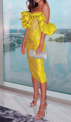 Jacquard Strapless Lace Midi Dress In YelLow