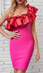Ruffle One Shoulder Mini Bodycon Dress In Red