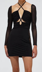 Black Halter Long Sleeve Mesh Lace UP Mini Dress