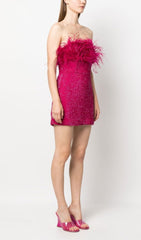 Sequin FeaTher Strapless Mini Dress In Hot Pink