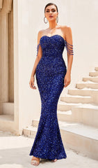 Blue Sequin Strapless Maxi Dress
