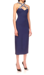 Halter Crystal Midi Dress In Deep SEA Blue
