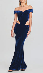 Off Shoulder Waist Hollow Velvet Maxi Dress In Blue