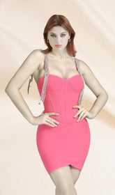 Pink Rhinestone Corset Mini Bandage Dress