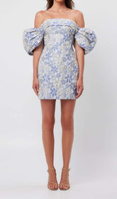 Puff Floral Print Mini Dress In Blue