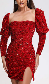 Sequin Puff Sleeve Mini Dress In Red