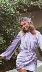 Satin Wrap Front Mini Dress In Purple