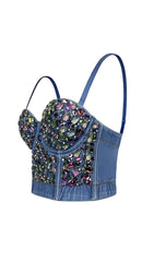 Denim Crystal EmbelliShed CropPed Top In Navy Blue