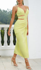 Satin Cut Out V Neck Midi Dress In YelLow