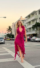 Plunging Neckline Ruffle Dress In Pink