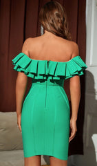 Off Shoulder Ruffles Green Mini Bandage Dress