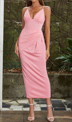 Satin Strapy Split Midi Dress In Pink