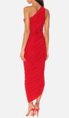 One-Shoulder Pleated Mesh Maxi Dress In Red