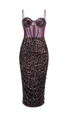 Sequin Corset Midi Dress In Wine