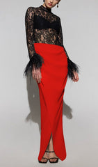 Spliced Lace FeaTher Slit Dress In Black And Red