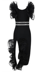 Black V Neck Ruffle Sleeveless Split Bandage Dress