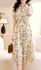 Casual Floral Short Sleeve Shirt Dress In Khaki