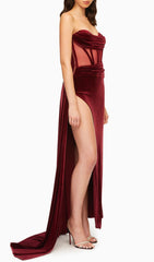 Burgundy DrapIng Crystal Corset High Slit Velvet Gown
