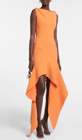 Ruffled Asymmetric High-Low Dress In Orange