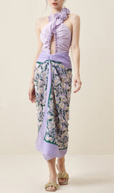 Purple Halter 3D Flower One Piece Swimsuit And Sarong