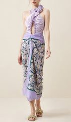 Purple Halter 3D Flower One Piece Swimsuit And Sarong
