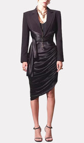 FAKE Two-Piece Satin Stitched Suit Collar Midi Dress