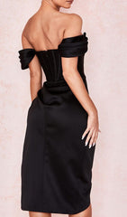 Satin Off Shoulder Midi Dress In Black
