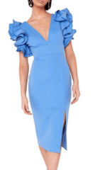 Blue V Neck Split Midi Dress