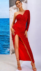 Red Sequin Long Sleeve One Shoulder Slit Maxi Dress