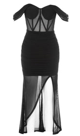 Lace Bandeau Ruched Dress In Black