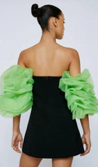 Organza Puff Sleeve Mini Dress In Black