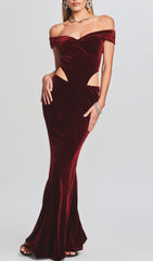 Off Shoulder Waist Hollow Velvet Maxi Dress In Burgundy