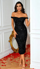 Black Sequin Off Shoulder Bodycon Midi Dress