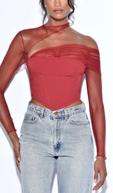 MIAH Burgundy STRETCH Mesh Sleeve Corset Top