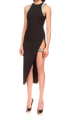 Crystal Split Midi Dress In Black