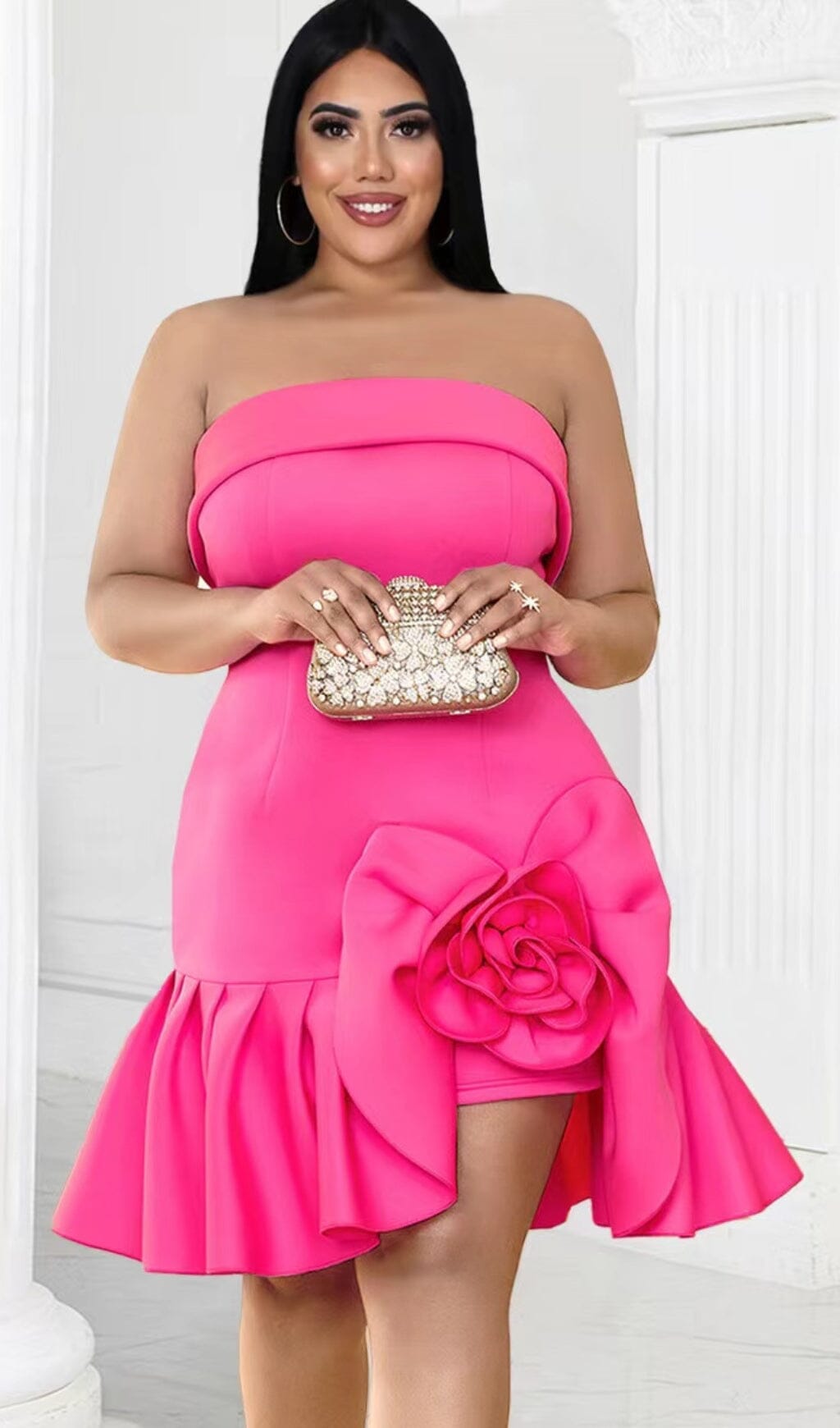 Strapless Flower Ruched Mini Dress In Hot Pink