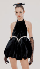 Velvet HalterNeck Mini Dress In Black