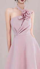 Halter 3D Flower Midi Dress In Pink