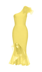 Bandage One-Shoulder Midi Dress In YelLow