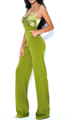 Green V Neck Satin Jumpsuit