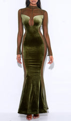 Olive Green Velvet Mesh Long Sleeve Gown