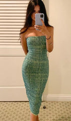 Strapless Ruched Midi Dress In Green
