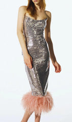 Strapless Sequin FeaTher Midi Dress In Silver
