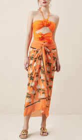 Halter Cutout 3D Flower Decor One Piece Swimsuit And Sarong