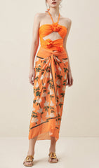 Halter Cutout 3D Flower Decor One Piece Swimsuit And Sarong